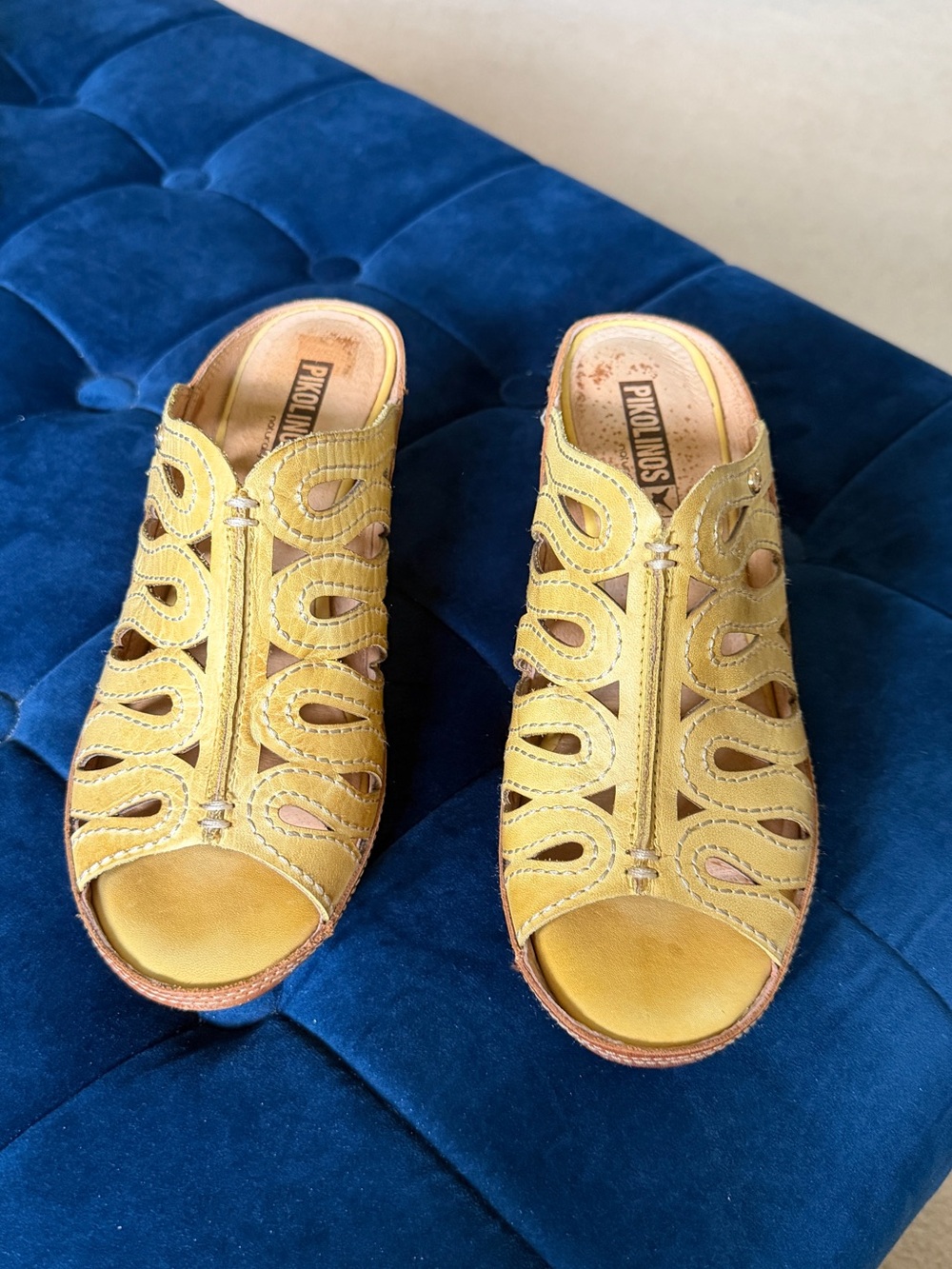 PIKOLINOS Mustard Yellow Leather Cutout Mule Sandals